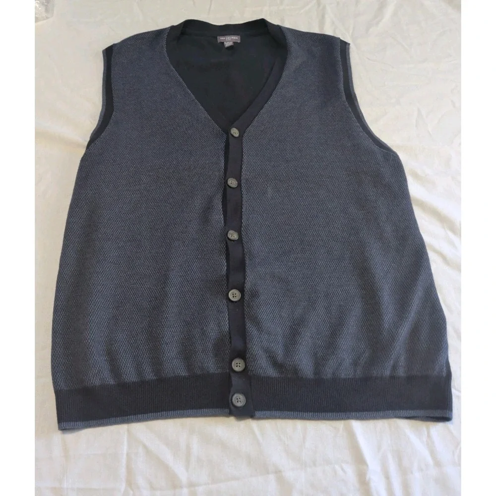 Van Heusen Sweater Vest Mens XL Gray Button Front Cotton Acrylic V Neck Knit